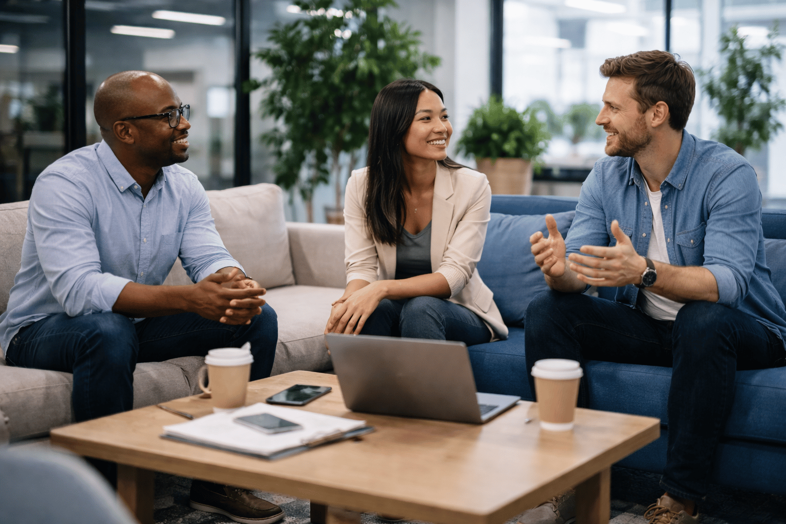 Casual conversation in modern office