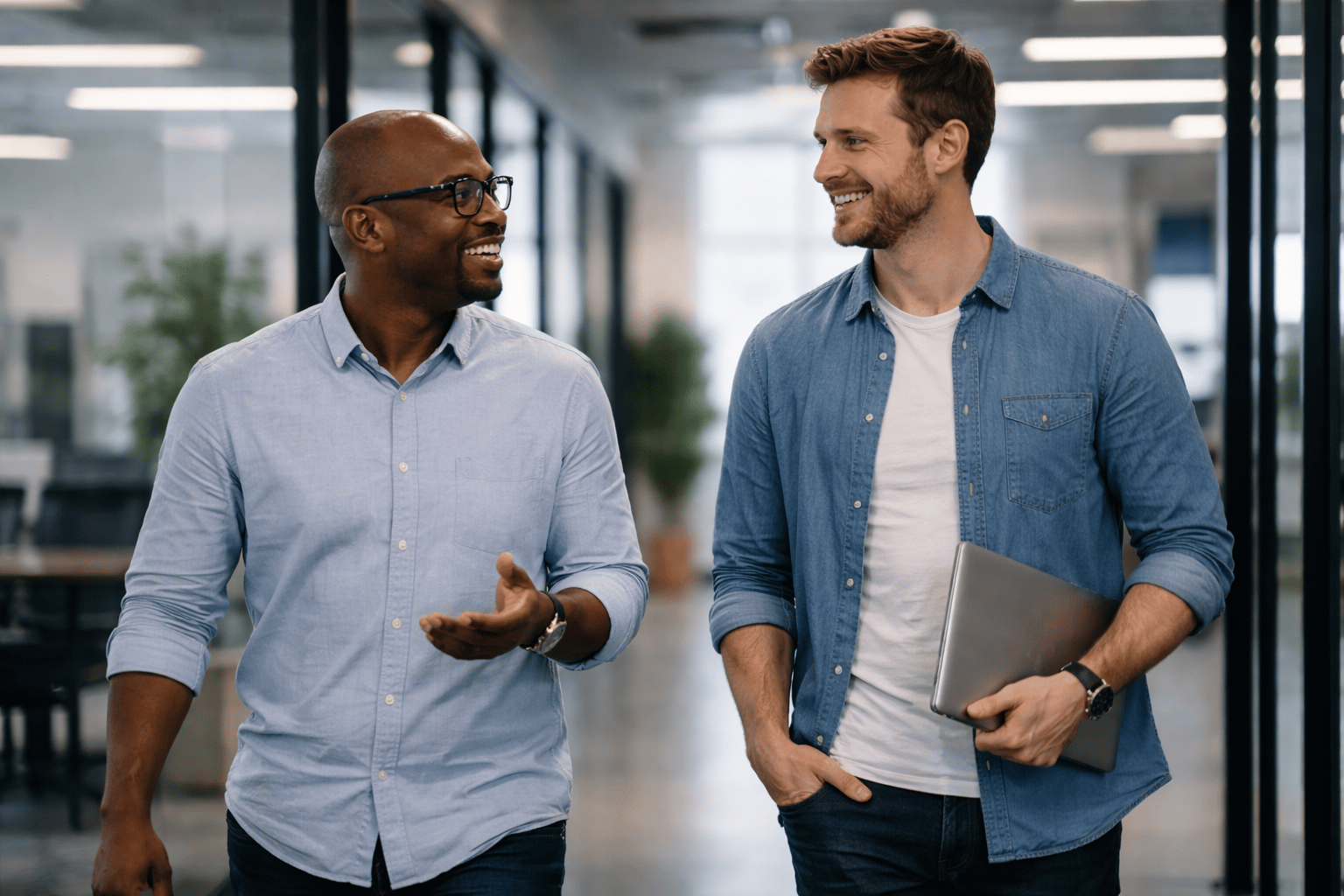 Professional conversation in bright office